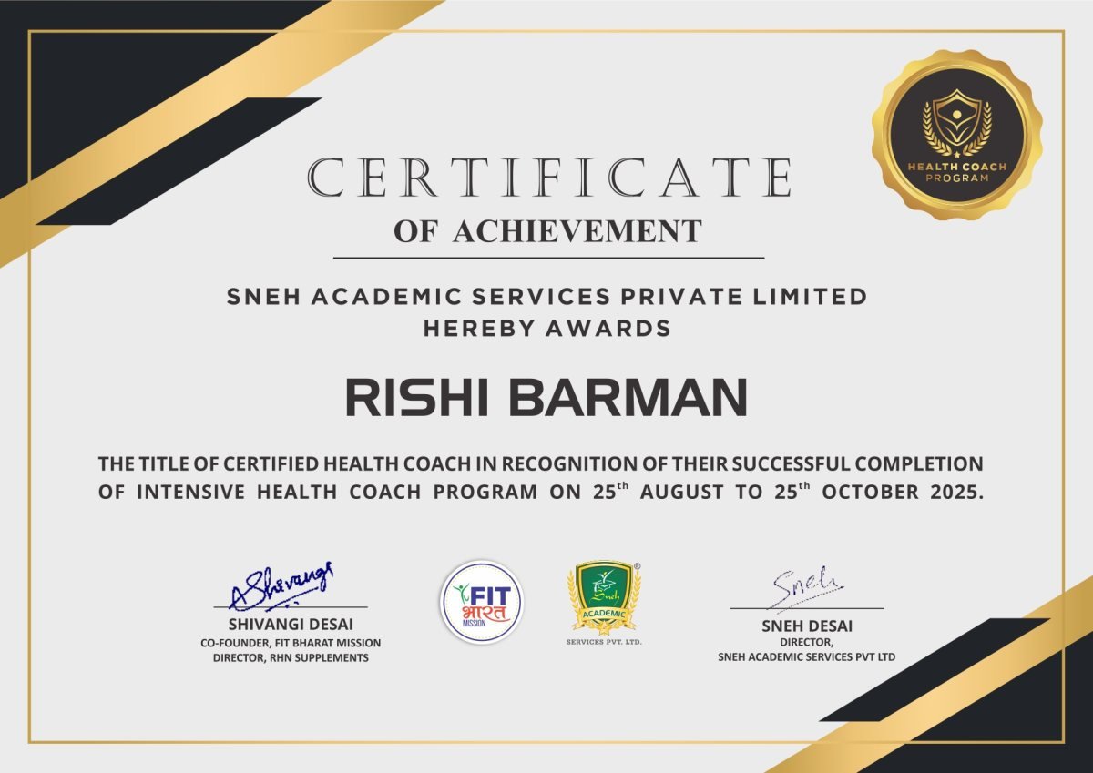 Certificate of achievement: Rrishi Barman, Certified Health Coach, Sneh Academic Services Private Limited, 2025