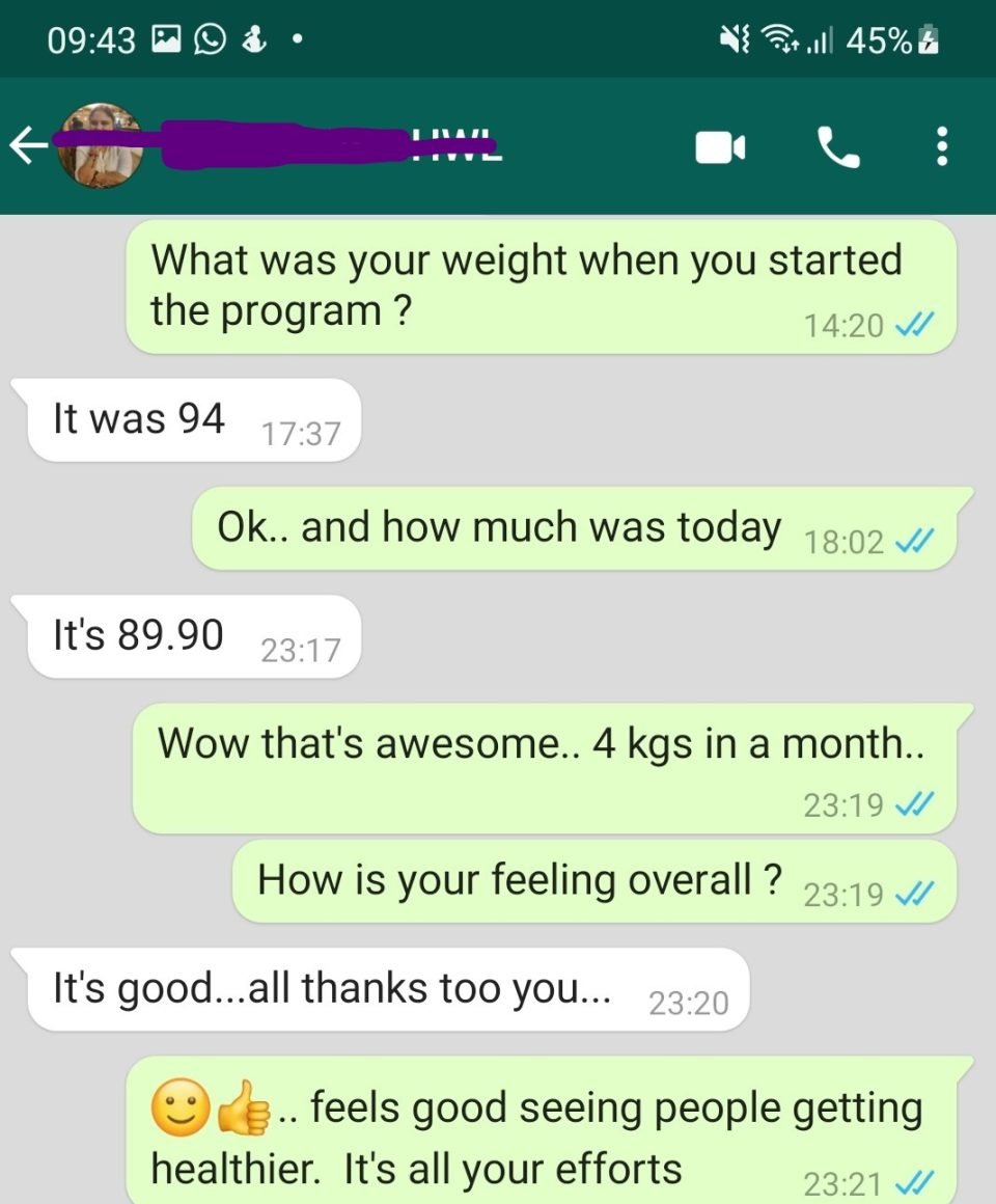 WhatsApp message from Coaching client about their results with Rrishi