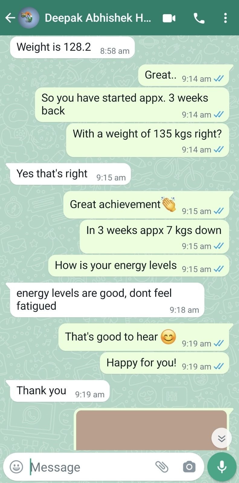 WhatsApp message from Deepak Abhishek about their results with Rrishi