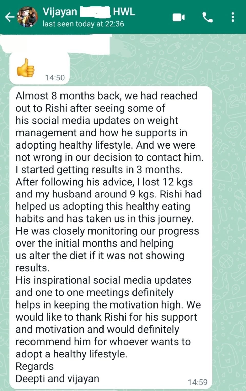 WhatsApp message from Deepti & Vijayan about their results with Rrishi