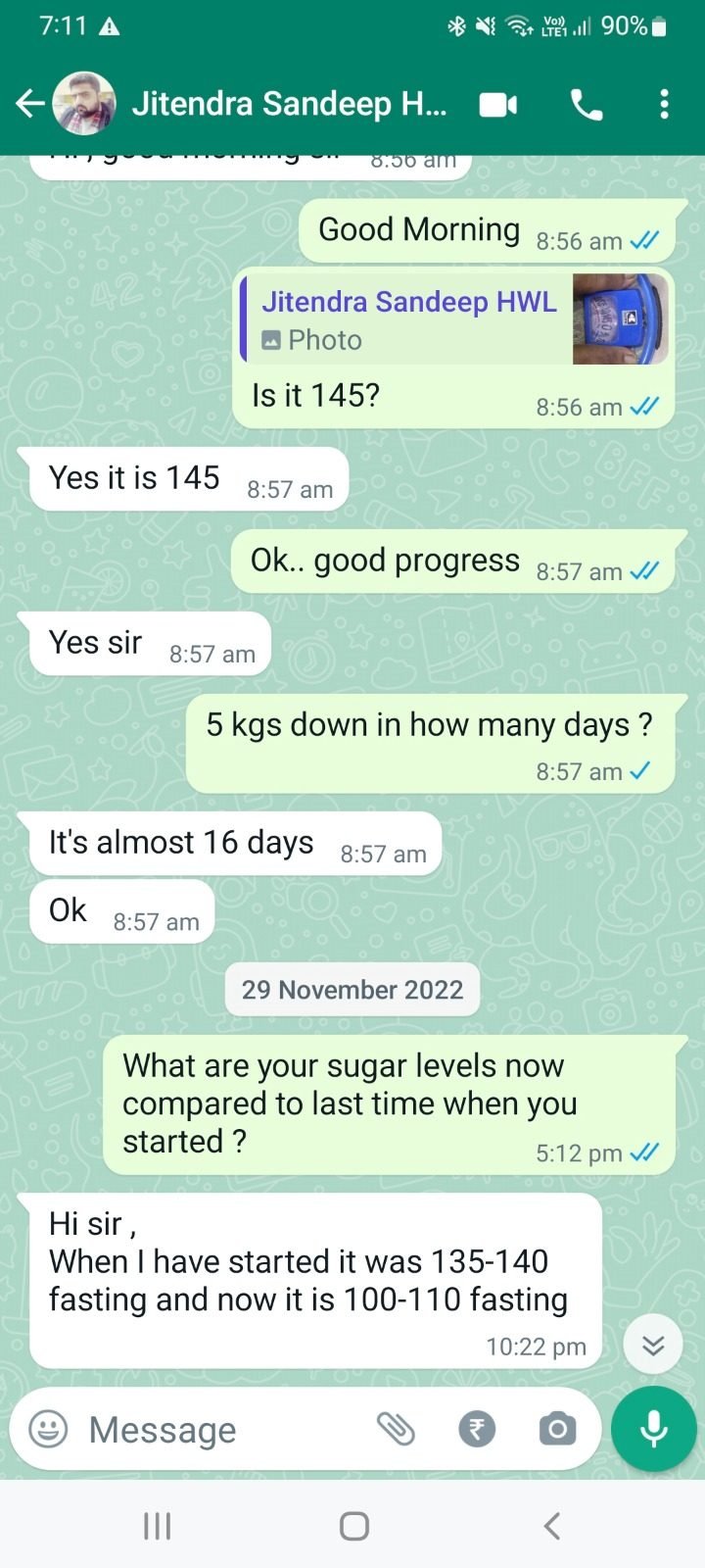 WhatsApp message from Jitendra Sandeep about their results with Rrishi