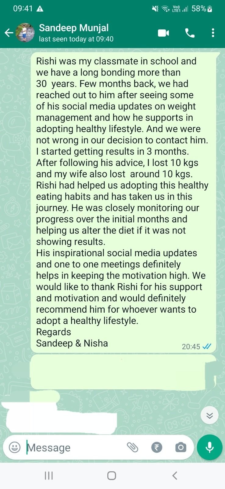 WhatsApp message from Sandeep & Nisha about their results with Rrishi