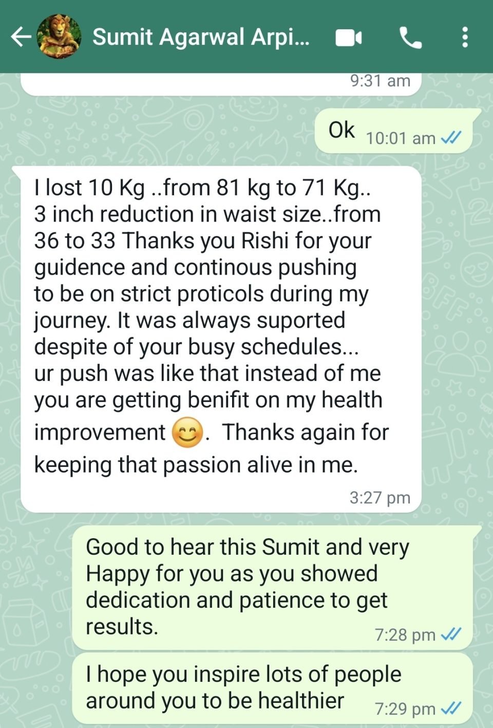 WhatsApp message from Sumit Agarwal about their results with Rrishi
